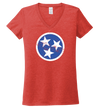 Ladies V-Neck Blue Flag on Red