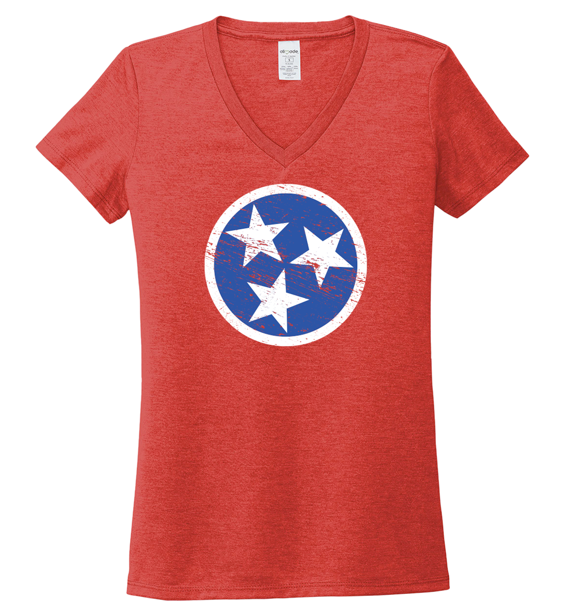 Ladies V-Neck Blue Flag on Red