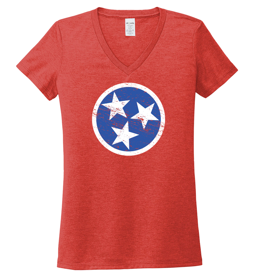 Ladies V-Neck Blue Flag on Red