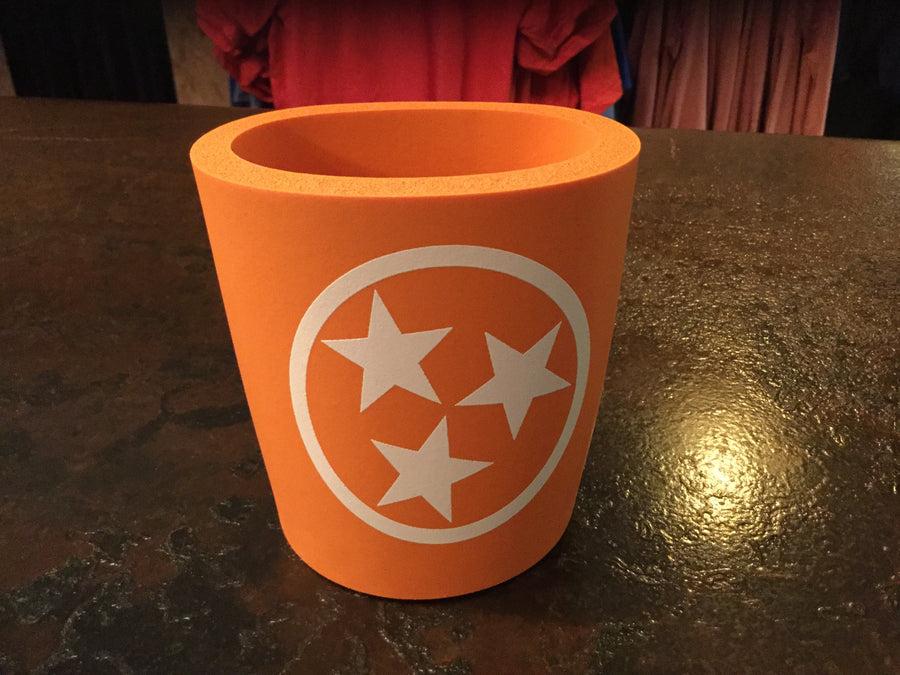 Foam White Tri-Star on Orange Drink Holder  Collapsible Koozie - Nothing Too Fancy